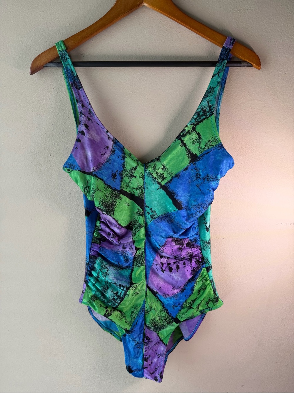 Vintage 80s 90s Gottex One Piece Swimsuit Israel Abstract Geometric Ruched US 10